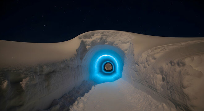 Mystical Ice Portal Lit By Neon Blue Glow Underneath Starry Night Sky - Powered by Adobe