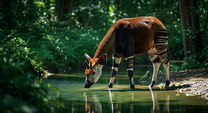 Okapi At The River Edge In Lush Green Environment With Natural Light