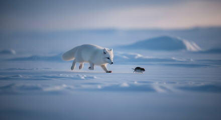 Arctic Fox Pursuing a Lemming Across The Snowy Tundra Landscape In Winter