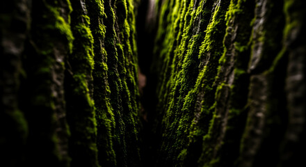 Textured Forest Bark Covered By Green Moss For Natural Background