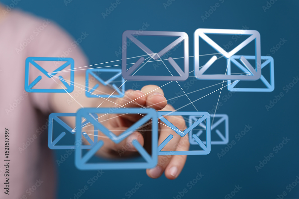 Poster hand interacting with a network of email icons. concept of global communication and digital marketin
