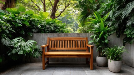 Obraz premium Wooden bench patio lush green plants