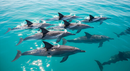 Obraz premium Dolphins Playing In Turquoise Waters A Joyful Aquatic Scene Of Wild Nature