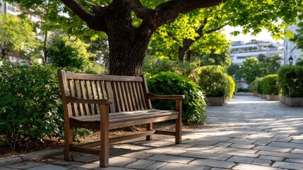 Obraz premium Wooden bench under tree canopy in sunny park setting