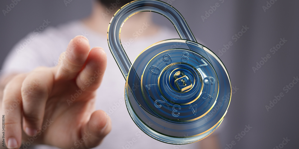 Poster Secure your data!  Image depicts a hand reaching for a digital combination lock, symbolizing online safety and data protection.