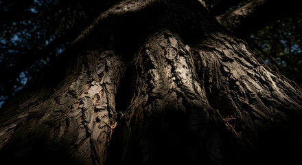 Majestic Tree Trunk Ascending Into Light In The Forest Darkness