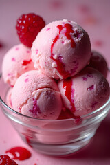 Delicious pink raspberry soft serve ice cream swirled with vibrant raspberry sauce in a white bowl, surrounded by fresh raspberries on a matching pink background.