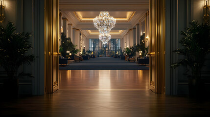 Grand Hotel Lobby Interior With Crystal Chandelier And Golden Accents