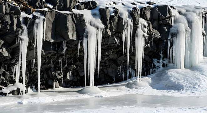 Icy Waterfall Displaying Frozen Icicles Hanging from a Rocky Cliff