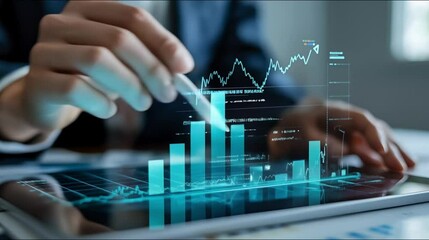 Analyzing financial data using tablet showing dynamic growth charts with stylus - Powered by Adobe