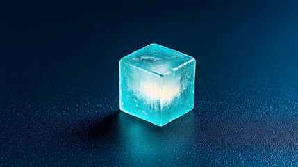 Glowing Teal Cube On Dark Reflective Surface
