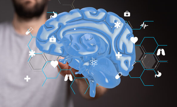 3D brain model with medical icons.  Healthcare, technology, innovation.