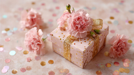 Delicate Pink and Gold Present Box with Blooming Carnations on Transparent Background

