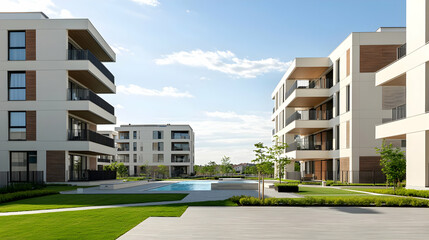 Modern Residential Complex With Swimming Pool And Lush Landscaping