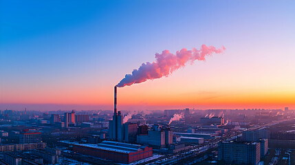 Industrial Cityscape at Sunrise Sunset with Smoke Stack and Pollution Clouds