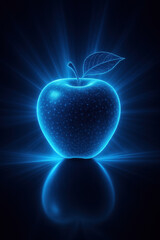Obraz premium Glowing blue apple with leaf, radiating light against dark background, creates captivating and futuristic visual