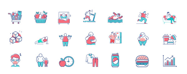 Fat Body, Diet, Junk Food & Fitness Icon Illustration Vector
