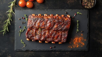 Barbecue ribs coated in glossy BBQ sauce, perfectly grilled and served on a dark slate board. Bold flavor and smoky aroma make this dish truly mouthwatering.








