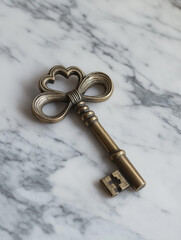 Antique brass library key with ornate bow design on polished white marble. Soft daylight highlights texture and subtle tarnish. Refined, timeless mood. High-res stock photo.
