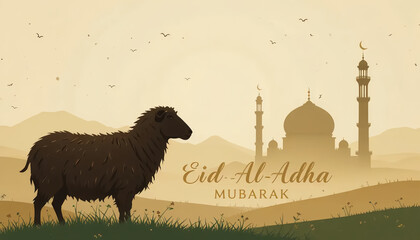 Illustration of a sheep standing in front of a mosque for eid al adha celebration