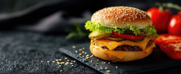 The mouthwatering burger with melted cheese and fresh vegetables on a stylish slate.