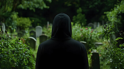 Person In Hood Standing In Cemetery