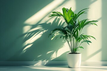 indoor kentia palm tree with sunlight and green wall