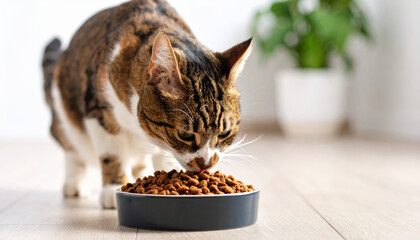 Cat eating dry food from bowl on wooden floor, home pet feeding, balanced nutrition for pets, healthy feline diet, indoor domestic animal, natural light, peaceful atmosphere