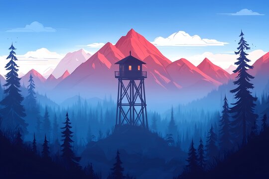 watchtower in mountains and forest illustration