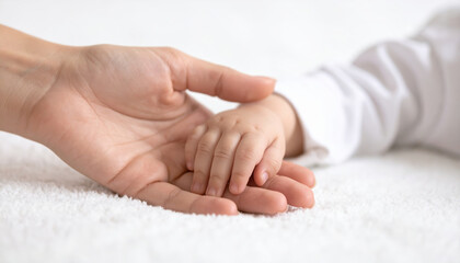 Baby hand gently holding adult hand, closeup on soft white background, symbolizing love, care, family bond, tenderness, and emotional connection between parent and child