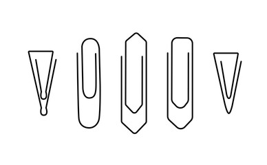 Paper clips set, simple minimalist hand drawn outline vector illustration, stationery element, school or office supply for binding paper documents, fastener for attachment made of metal or plastic
