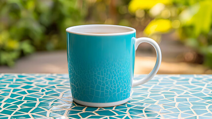 Teal Mug On Tiled Patio Table In Garden