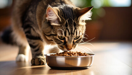 Cat eating dry food from metal bowl on wooden floor, sunlight streaming in, home pet feeding, healthy nutrition, relaxed atmosphere, whiskers visible, close up