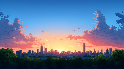 Pixel Art City Sunset Skyline