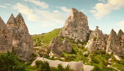 Panorama of ancient structures in Uchisar town in Cappadocia region, Turkey