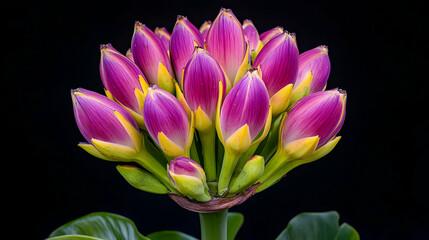 Close Up Cluster Of Pink And Yellow Flowers On Black Background