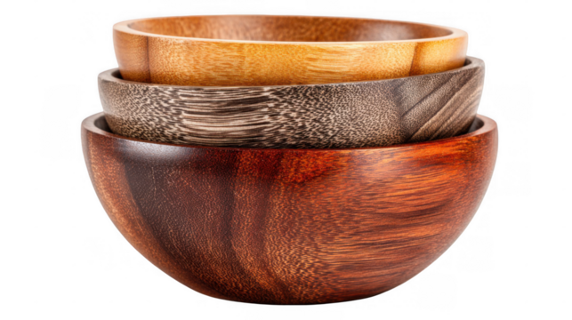 Three empty wooden bowls, each showcasing unique wood grain and color, neatly stacked against a transparent background, offering a visually appealing design element