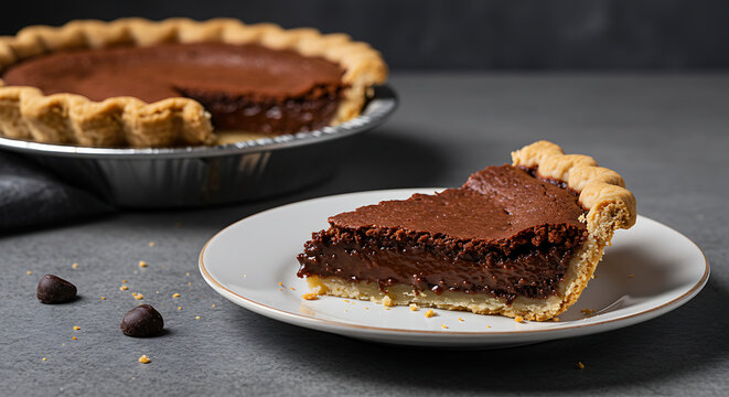 A slice of chocolate chess pie with dense fudgy filling and crisp crust, served on a white dish, placed over a gray stone countertop with minimal background, moody lighting for rich dessert tones
