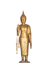Golden Thai Buddha statue, an isolated ancient Asian sculpture representing Buddhist faith and worship