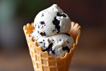 Close-up of creamy cookies and cream ice cream scoops in a waffle cone, highlighting chocolate cookie chunks and smooth texture.