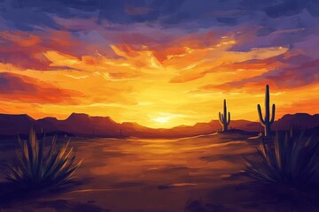 Fiery Sunset in Desert Scene