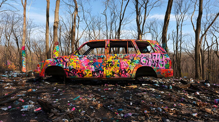 Graffiti Covered Abandoned Car In Forest
