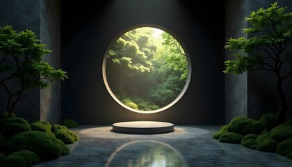 Fototapeta premium Zen-inspired circular portal with serene forest view, minimalist interior and natural light in tranquil meditation space for architecture, wellness, and nature-themed designs