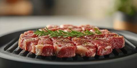 Deliciously marbled beef cuts seasoned with herbs waiting to be grilled on a hot plate