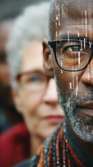 AI & Futuristic Tech smart glasses scanning crowd with digital overlays