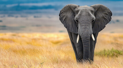 A large adult African elephant is centered in a grassy savanna.