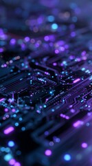 Obraz premium Vibrant Circuit Board Illuminated With Purple and Blue Lights in a Close-Up View