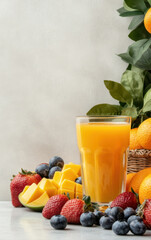 Juice glasses on the table, surrounded by oranges, blueberries, strawberries, mangoes, kiwifruits and grapefruits