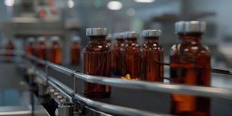 Modern Pharmaceutical Facility with Amber Vial Production on Conveyor Belt