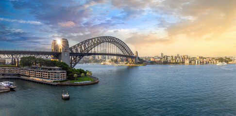 Naklejka premium Australia, Sydney bridge and skyline panorama near financial business center.